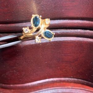Gold Ring with Blue Oval Stones and Clear Accents